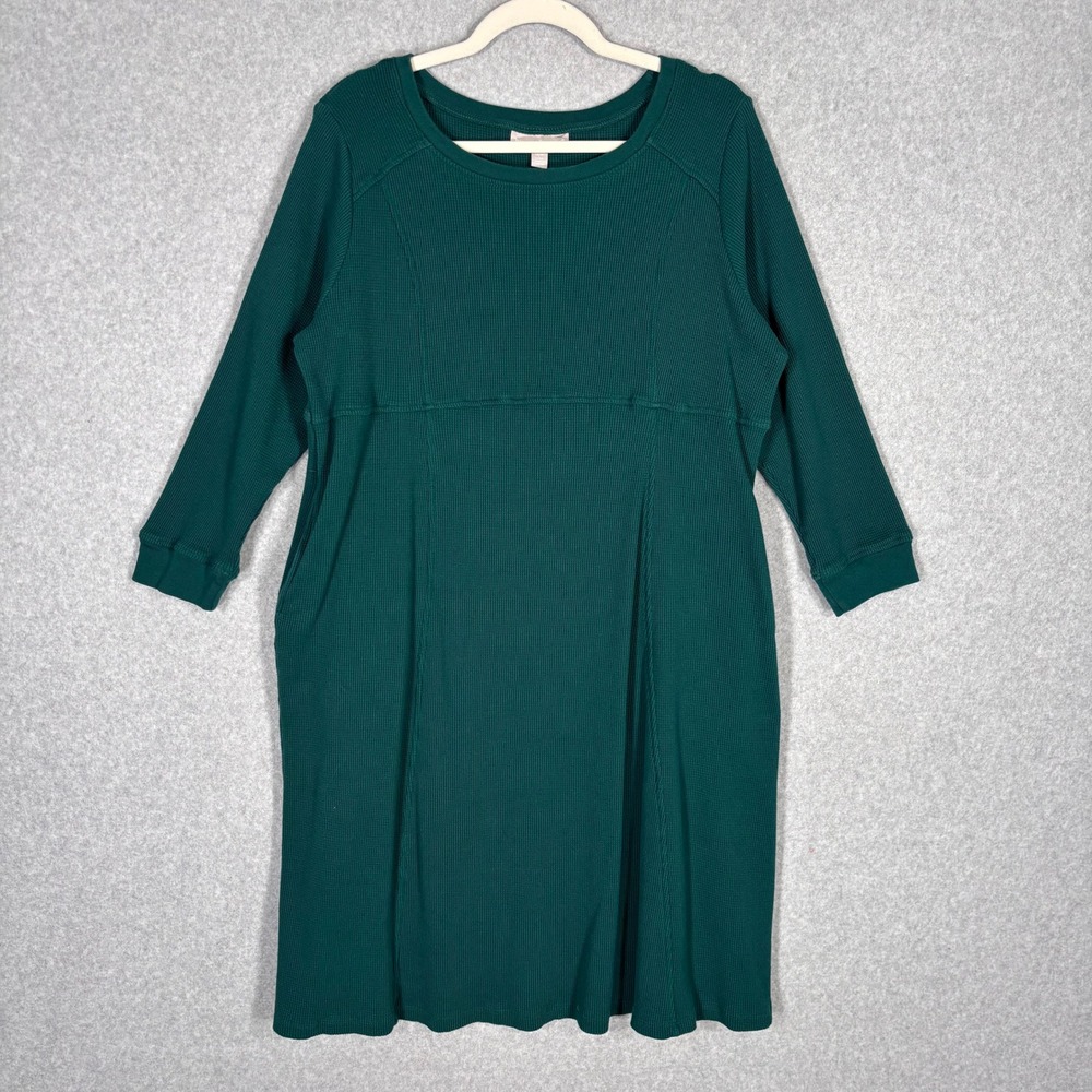 Woman Within Waffle Knit Dress 18/20 L Petite Green Pockets Thermal Lounge‎ GORP